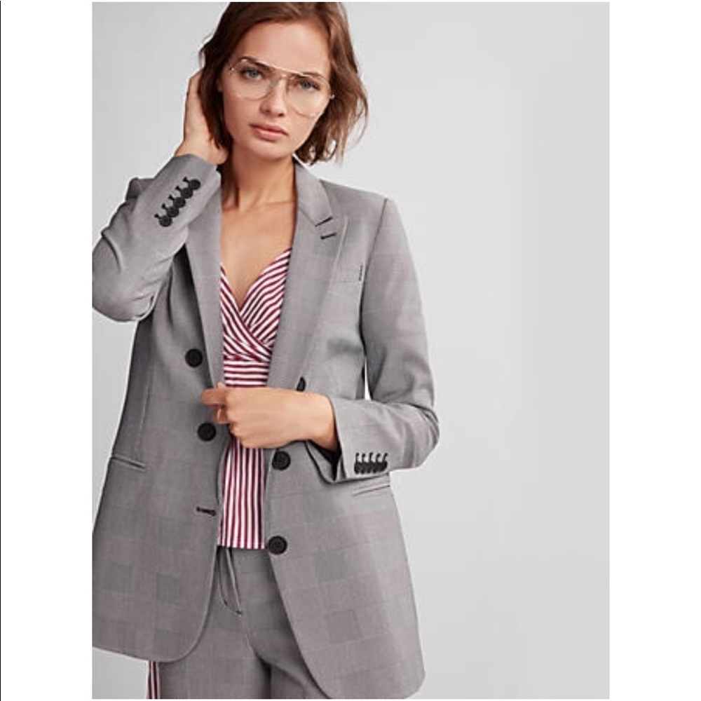 Express Women's Gray Plaid Blazer & Pants Suit Set